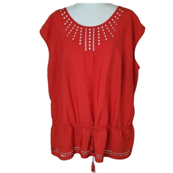 Lane Bryant Tomato Red Eyelet Tassel Waist Cap Sleeve Blouse Size 22/24 - Picture 1 of 10